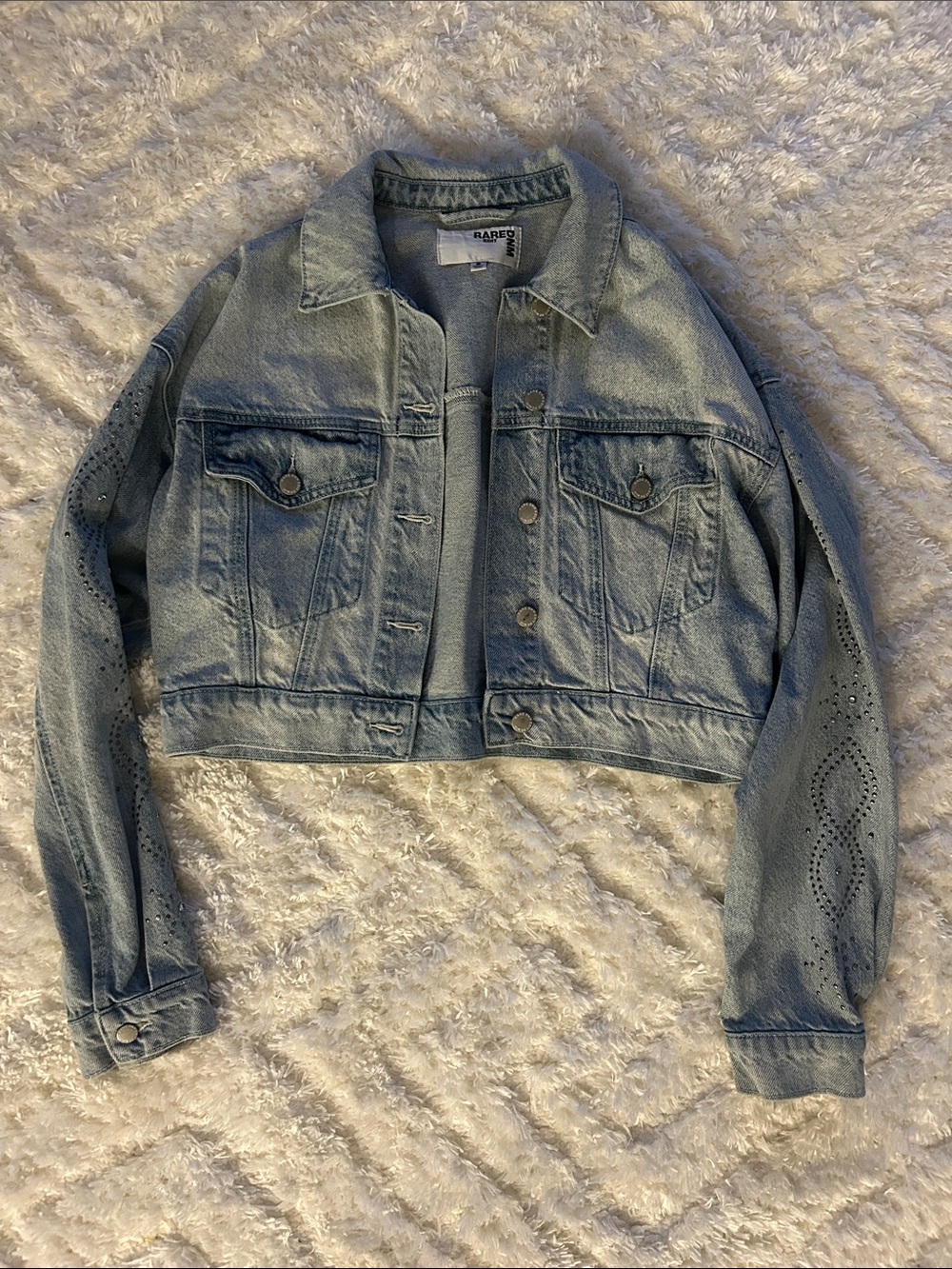 Light Wash Cropped Denim Jacket with Eyelet Sleeve Detail